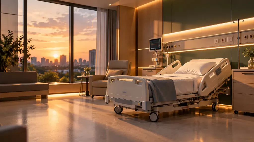 A hospital bed in a bright ward at golden hour