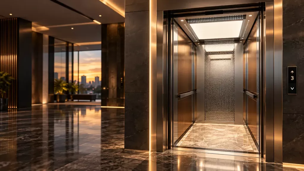 A modern passenger lift in a stone-clad lobby