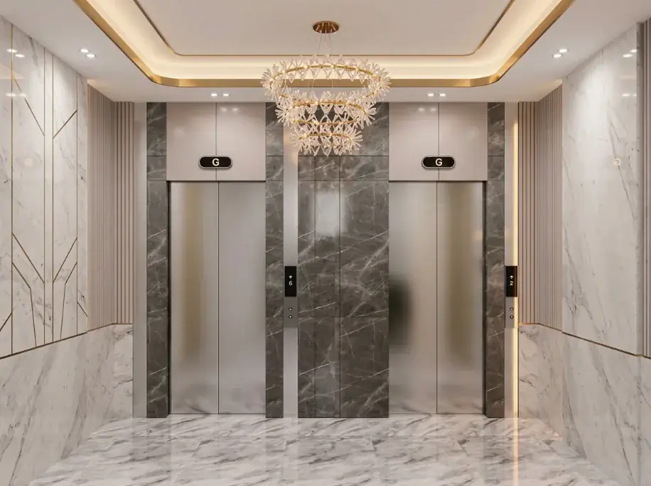 Lift doors in a modern lobby
