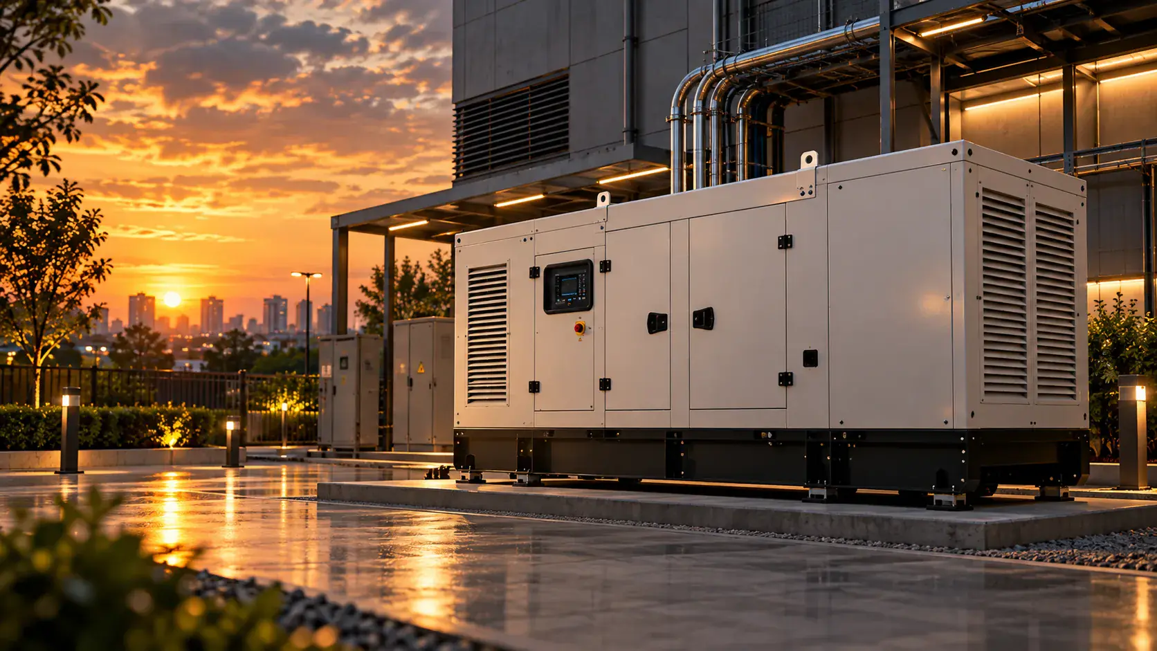 Diesel generator set outside a building at sunset
