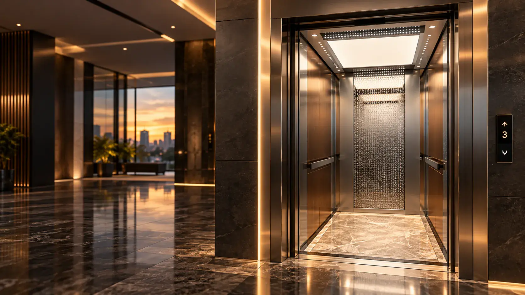 Luxurious lift lobby at sunset