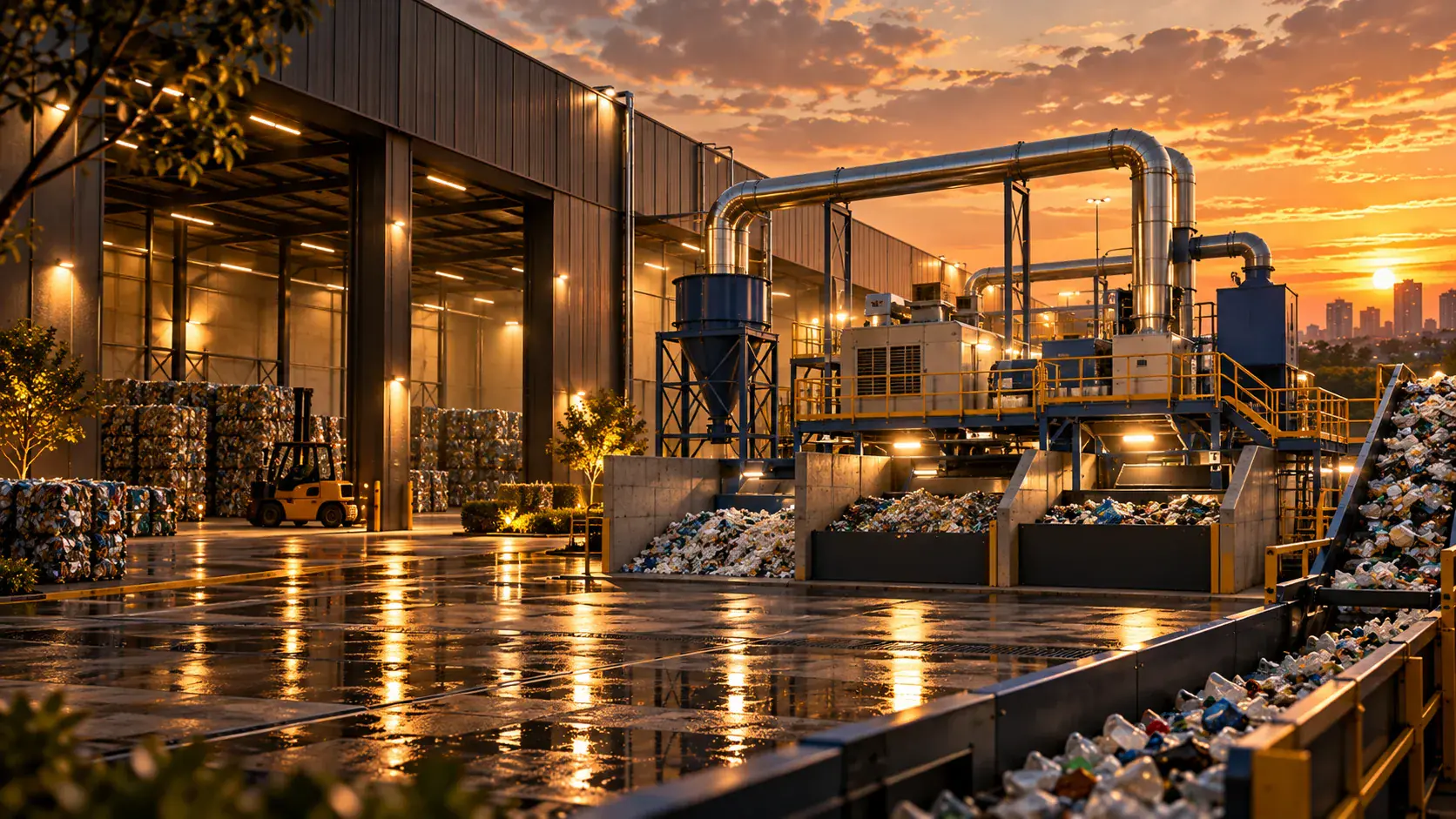 Waste treatment plant at sunset