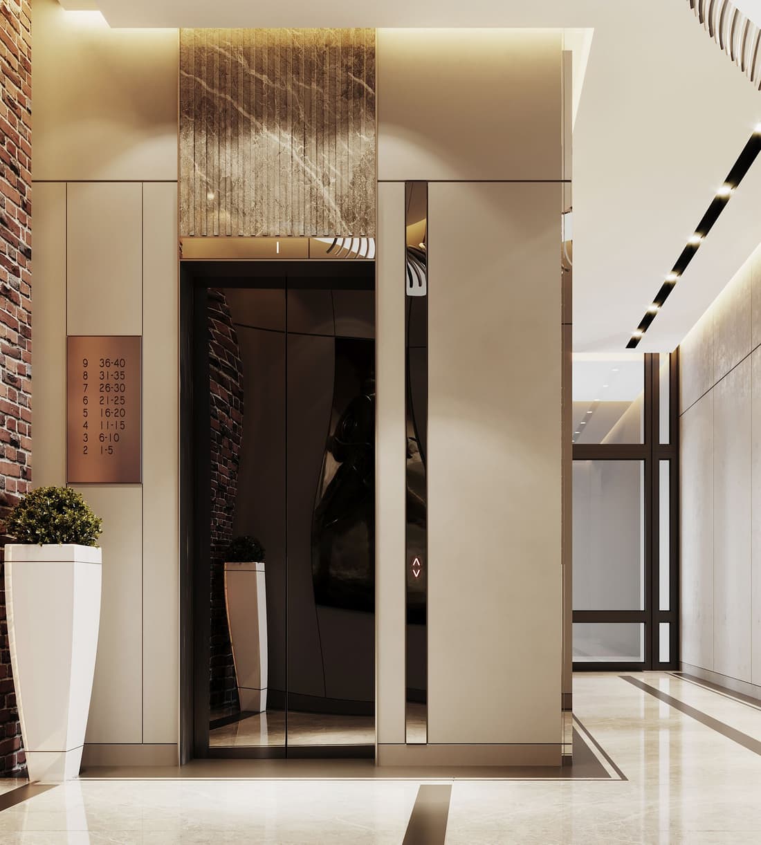 Lift lobby with marble walls